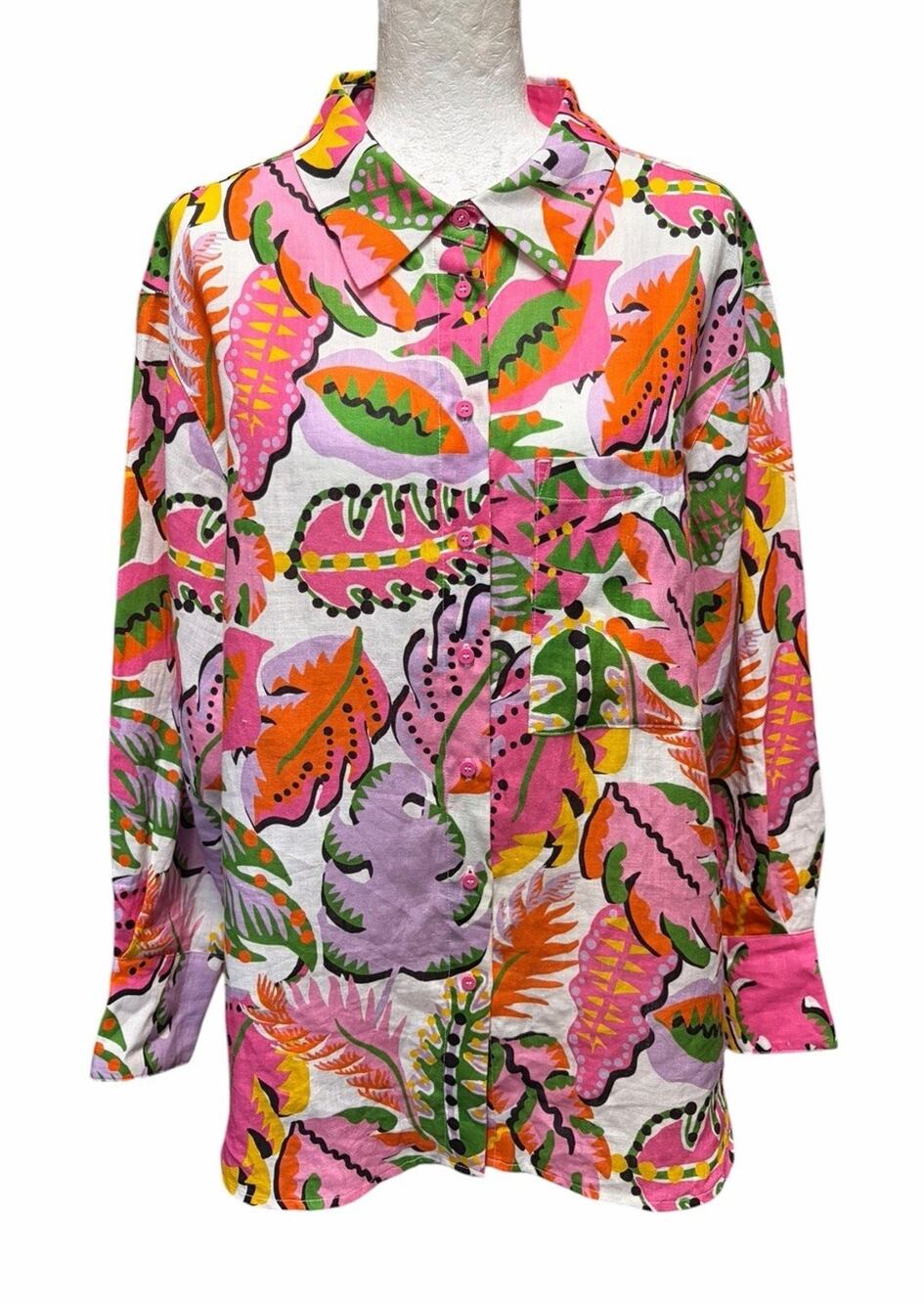Gorman 100% Linen Shirt Tropical Leaf Print Fun Pastel Pink Green Size 12 Large